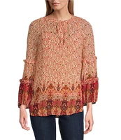 Figueroa & Flower Petite Size Woven Border Print Ruffle Split V-Neck 3/4 Sleeve Peasant Blouse