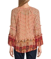 Figueroa & Flower Petite Size Woven Border Print Ruffle Split V-Neck 3/4 Sleeve Peasant Blouse