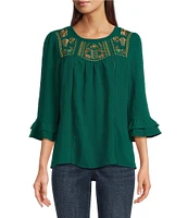 Figueroa & Flower Petite Size Woven Embroidered Crew Neck 3/4 Double Ruffle Hem Blouse