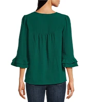 Figueroa & Flower Petite Size Woven Embroidered Crew Neck 3/4 Double Ruffle Hem Blouse