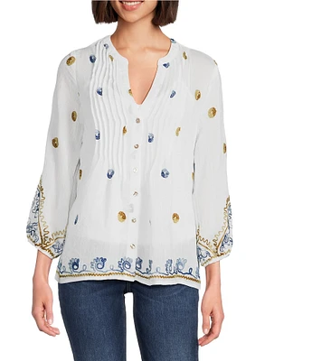 Figueroa & Flower Petite Size Woven Embroidered Mandarin Collar Long Sleeve Button-Front Shirt