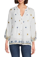 Figueroa & Flower Petite Size Woven Embroidered Mandarin Collar Long Sleeve Button-Front Shirt