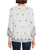 Figueroa & Flower Petite Size Woven Embroidered Mandarin Collar Long Sleeve Button-Front Shirt