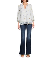 Figueroa & Flower Petite Size Woven Embroidered Mandarin Collar Long Sleeve Button-Front Shirt