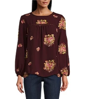 Figueroa & Flower Petite Size Woven Embroidery Crew Neck Long Sleeve Blouse