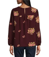 Figueroa & Flower Petite Size Woven Embroidery Crew Neck Long Sleeve Blouse