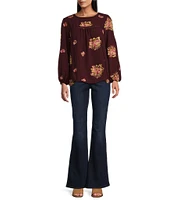 Figueroa & Flower Petite Size Woven Embroidery Crew Neck Long Sleeve Blouse