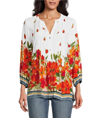 Figueroa & Flower Petite Size Woven Floral Border Print Mandarin Collar 3/4 Sleeve Button Front Blouse