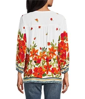 Figueroa & Flower Petite Size Woven Floral Border Print Mandarin Collar 3/4 Sleeve Button Front Blouse