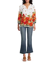 Figueroa & Flower Petite Size Woven Floral Border Print Mandarin Collar 3/4 Sleeve Button Front Blouse