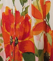 Figueroa & Flower Petite Size Woven Floral Border Print Mandarin Collar 3/4 Sleeve Button Front Blouse