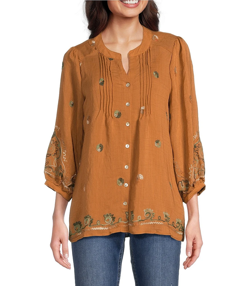 Figueroa & Flower Petite Size Woven Lydia Embroidered Band Split-V-Neck 3/4 Sleeve Button-Front Shirt