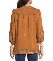 Figueroa & Flower Petite Size Woven Lydia Embroidered Band Split-V-Neck 3/4 Sleeve Button-Front Shirt