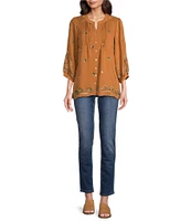 Figueroa & Flower Petite Size Woven Lydia Embroidered Band Split-V-Neck 3/4 Sleeve Button-Front Shirt