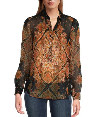 Figueroa & Flower Petite Size Woven Tile Print Pintuck Detail Collared Long Roll-Tab Sleeve Blouse