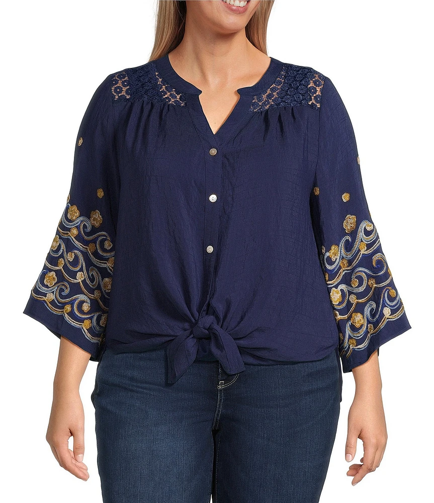 Figueroa & Flower Plus Size Mandarin Collar Embroidered 3/4 Bell Sleeve Button-Front Blouse