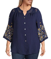 Figueroa & Flower Plus Size Mandarin Collar Embroidered 3/4 Bell Sleeve Button-Front Blouse