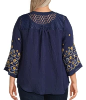 Figueroa & Flower Plus Size Mandarin Collar Embroidered 3/4 Bell Sleeve Button-Front Blouse