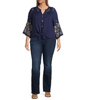 Figueroa & Flower Plus Size Mandarin Collar Embroidered 3/4 Bell Sleeve Button-Front Blouse