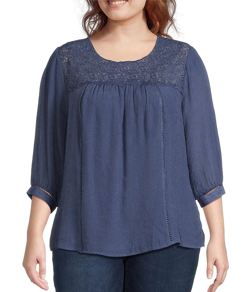 Figueroa & Flower Plus Size Scoop Neck 3/4 Sleeve Lace Yoke Blouse