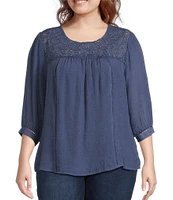Figueroa & Flower Plus Size Scoop Neck 3/4 Sleeve Lace Yoke Blouse