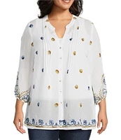 Figueroa & Flower Plus Size Woven Embroidered Mandarin Collar Long Sleeve Button Front Shirt