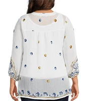 Figueroa & Flower Plus Size Woven Embroidered Mandarin Collar Long Sleeve Button Front Shirt