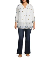 Figueroa & Flower Plus Size Woven Embroidered Mandarin Collar Long Sleeve Button Front Shirt