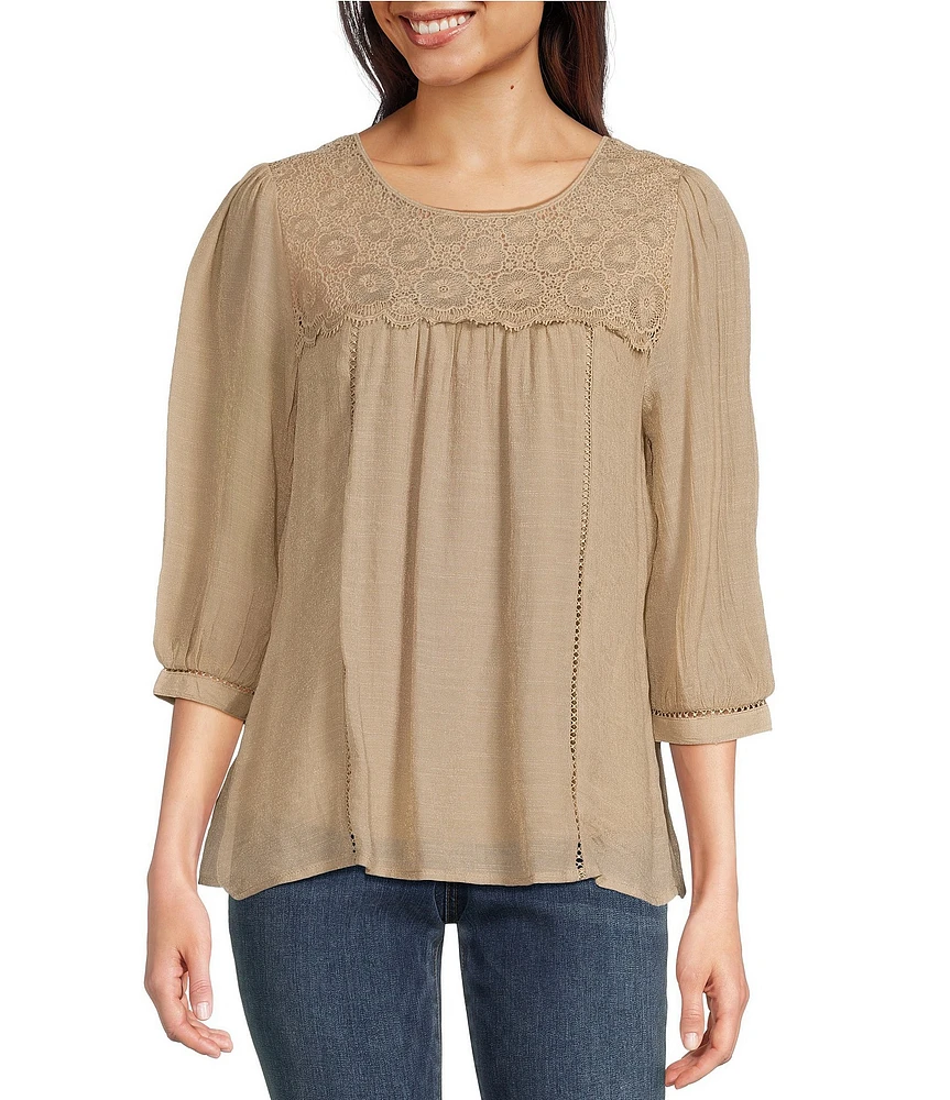 Figueroa & Flower Scoop Neck 3/4 Sleeve Lace Yoke Blouse