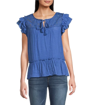 Figueroa & Flower Split V-Neck Sleeveless Lace Yoke Ruffle Top