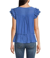 Figueroa & Flower Split V-Neck Sleeveless Lace Yoke Ruffle Top