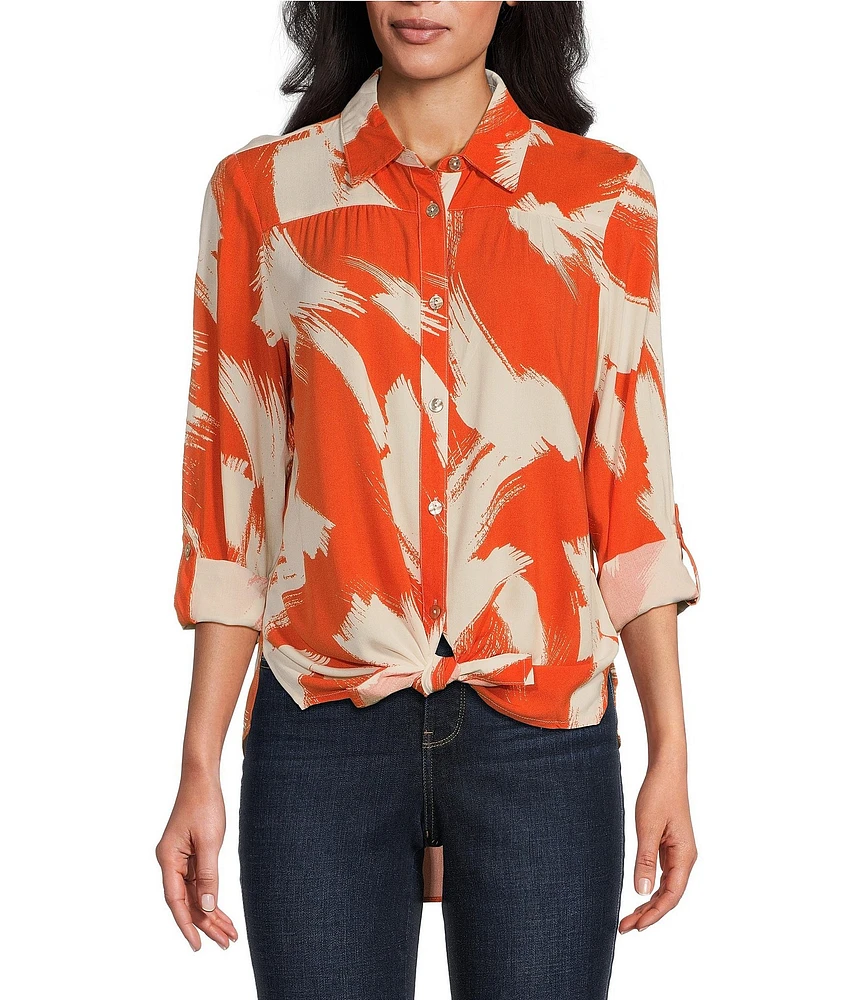 Figueroa & Flower Woven Brushstroke Abstract Print Point Collar Long Roll-Tab Sleeve Tie Front Blouse