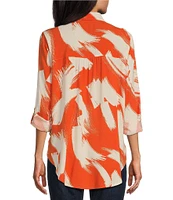 Figueroa & Flower Woven Brushstroke Abstract Print Point Collar Long Roll-Tab Sleeve Tie Front Blouse