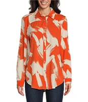 Figueroa & Flower Woven Brushstroke Abstract Print Point Collar Long Roll-Tab Sleeve Tie Front Blouse