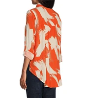 Figueroa & Flower Woven Brushstroke Abstract Print Point Collar Long Roll-Tab Sleeve Tie Front Blouse