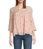 Figueroa & Flower Woven Embriordered Floral Crew Neck 3/4 Bell Sleeve Blouse
