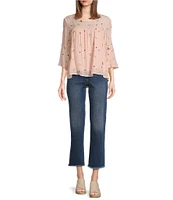 Figueroa & Flower Woven Embriordered Floral Crew Neck 3/4 Bell Sleeve Blouse