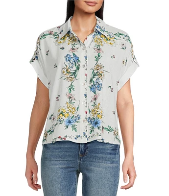 Figueroa & Flower Woven Floral Point Collar Short Cuff Sleeve Button-Front Camp Shirt