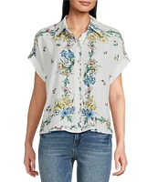 Figueroa & Flower Woven Floral Point Collar Short Cuff Sleeve Button-Front Camp Shirt