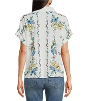 Figueroa & Flower Woven Floral Point Collar Short Cuff Sleeve Button-Front Camp Shirt