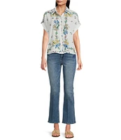 Figueroa & Flower Woven Floral Point Collar Short Cuff Sleeve Button-Front Camp Shirt