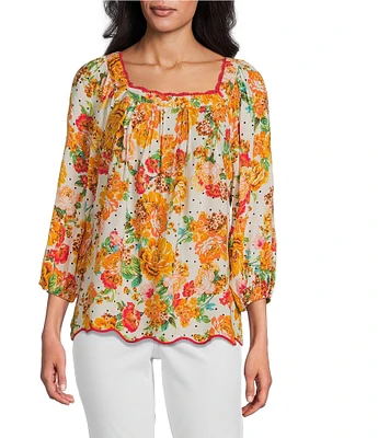 Figueroa & Flower Woven Floral Square Neck 3/4 Sleeve Pintuck Detail Blouse