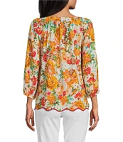 Figueroa & Flower Woven Floral Square Neck 3/4 Sleeve Pintuck Detail Blouse