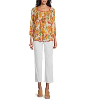 Figueroa & Flower Woven Floral Square Neck 3/4 Sleeve Pintuck Detail Blouse