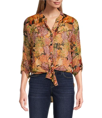 Figueroa & Flower Woven Printed Band Y-Neck 3/4 Roll-Tab Sleeve Button Front Blouse