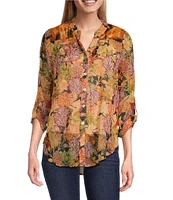 Figueroa & Flower Woven Printed Band Y-Neck 3/4 Roll-Tab Sleeve Button Front Blouse