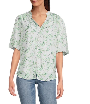 Figueroa & Flower Woven Printed Mandarin Collar Short Puff Sleeve Button Front Blouse