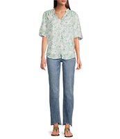 Figueroa & Flower Woven Printed Mandarin Collar Short Puff Sleeve Button Front Blouse