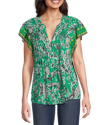Figueroa & Flower Woven Printed Mandarin Collar Short Ruffle Sleeve Button Front Blouse