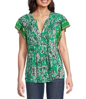 Figueroa & Flower Woven Printed Mandarin Collar Short Ruffle Sleeve Button Front Blouse